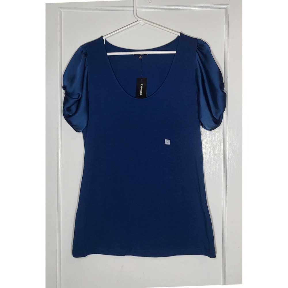 Express Blue Pima Cotton Blend Scoop Neck Top Satin Bow Puff Sleeve RN55285